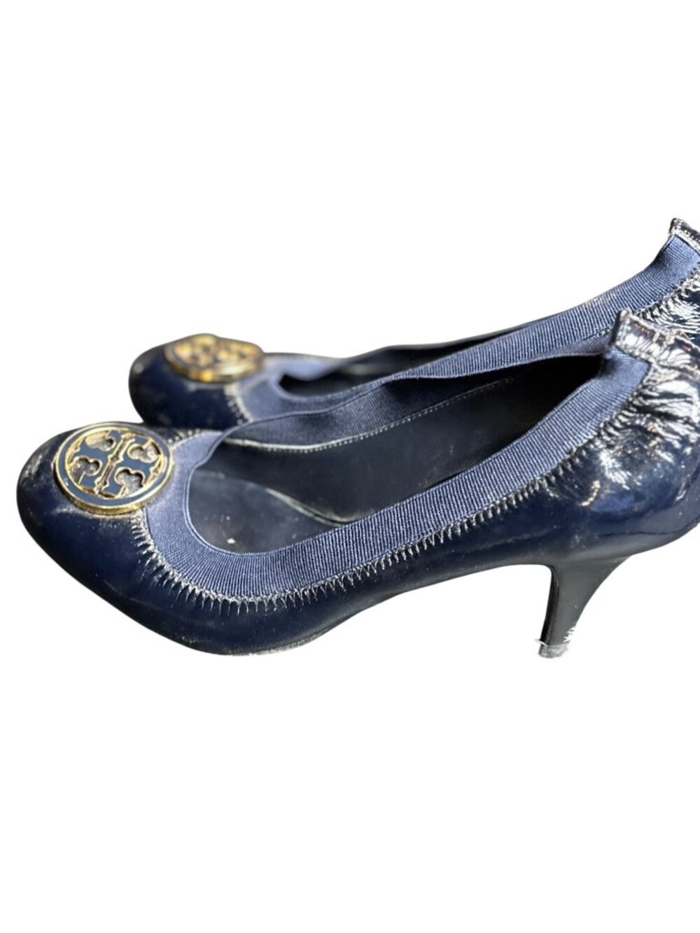 Tory Burch Navy Patent Leather Heels With Gold Logo Accents Size 7.5